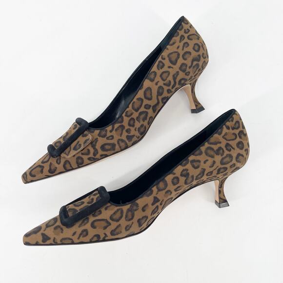 Manolo Blahnik Leopard Calfskin Suede Maysale Buckle Kitten Heel Pumps IT 39 - Picture 4 of 11